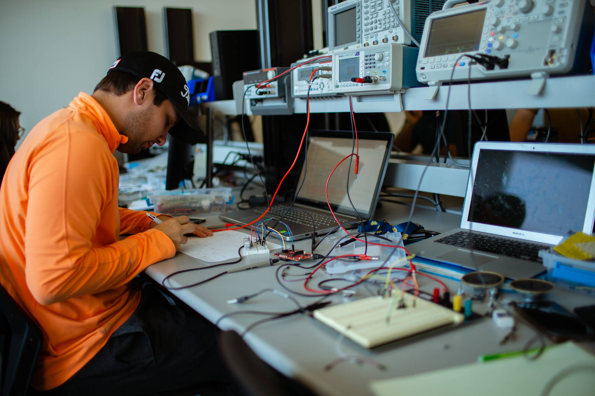 Student working on his project in a classroom
